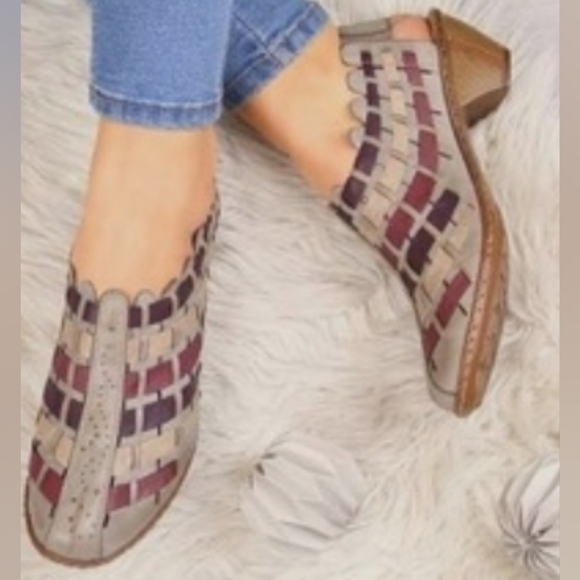 Rieker Shoes - Rieker Sina 78 Slingback Woven Multi Color Leather Block Heel Sandals Women